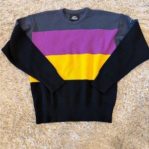Color Block Crew Neck Sweater in Black with Purple & Yellow Panels
